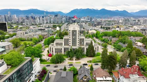 Drone-Approaching-At-Vancouver-City-Hall-In-Vancouver,-British-Columbia,-Canada