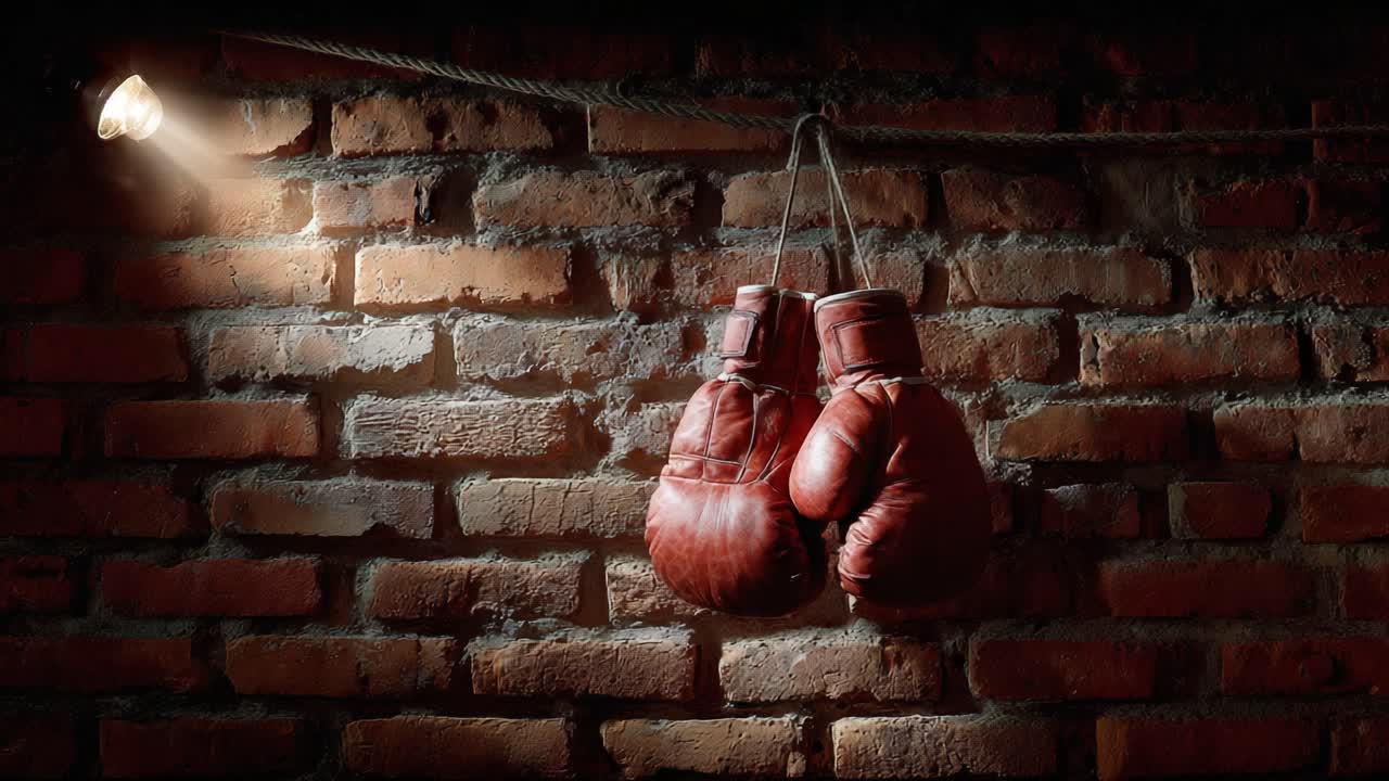 Un paio di guantoni da boxe rossi classici appesi a un muro di mattoni ruvido, illuminati da una calda fonte di luce per un tocco vintage