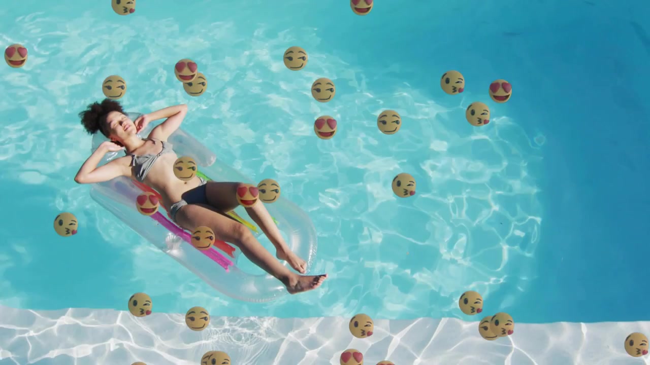 Animation starting, emojis filling pool around float, woman lifting shades and smiling for content
