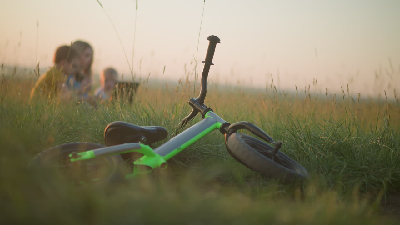 Laid-back bicycle in the foreground on a lush grass field, with a mother and two sons enjoying nature in the background