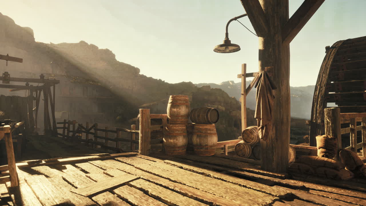 빛 이 빛나는 옛 서부 광산 공장 풍경