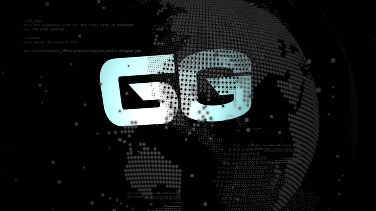 5G signal pulsing in flat design, showing dotted digital globe and floating code snippets
