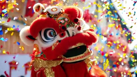 lion dance performer leaping with traditional costume, scattering colorful confetti during lunar new year festival, representing cultural celebration of luck and joy