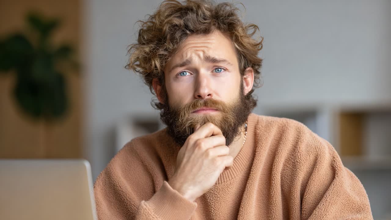 A Young Man Deep in Thought, Capturing Introspection and Contemplation in Two Stages: Pondering Decisions with a Casual Aesthetic in a Cozy Environment