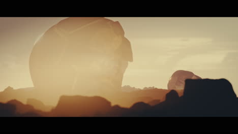 huge golden statues in the desert during sunset