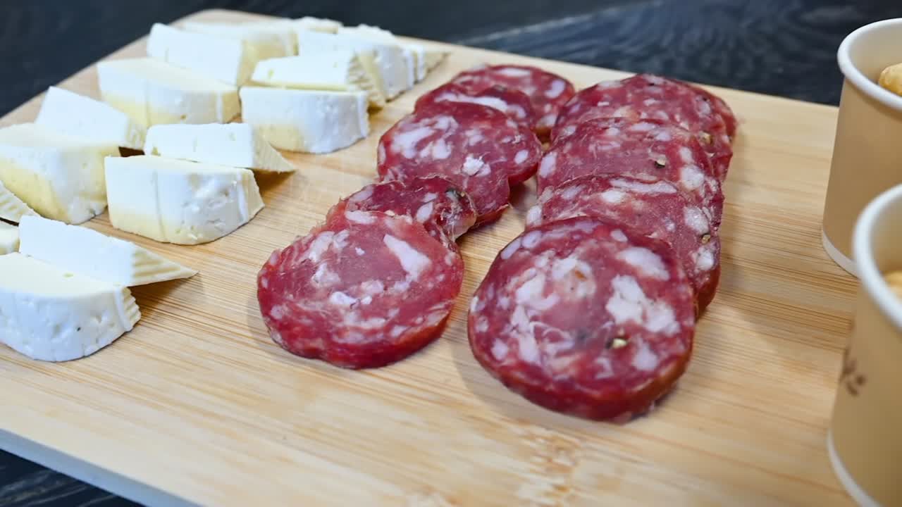 un primer plano en cámara lenta en una apetitosa tabla de cortar