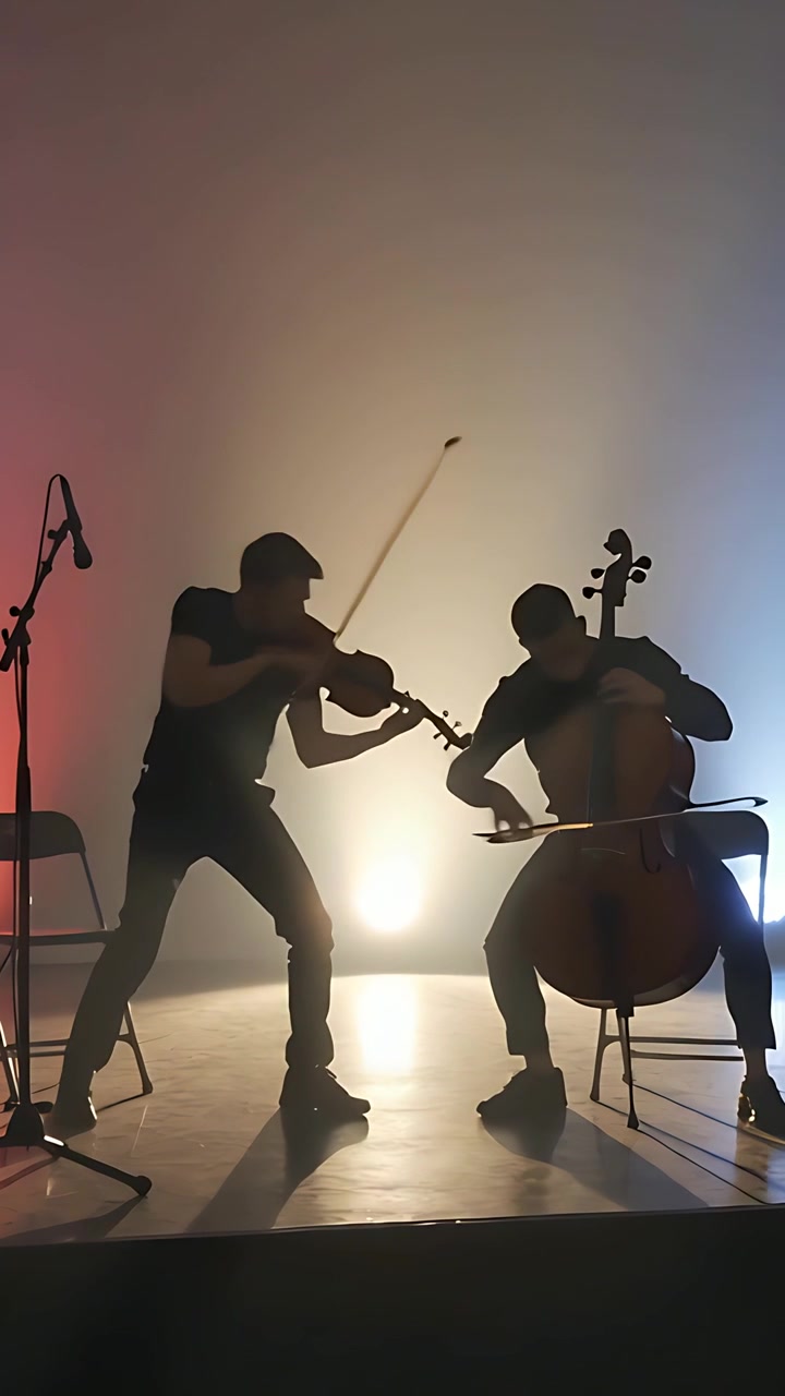 Video verticale: Un faretto illumina un violinista e un violoncellista che duettano sul palco, suonando violino e violoncello.