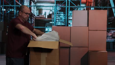 Middle-aged-caucasian-male-walking-up-to-cardboard-boxes-in-warehouse-and-packing-box