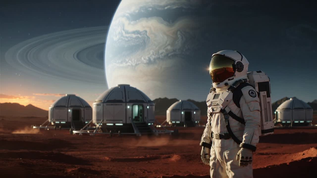 Bevægende astronaut i dragt reagerer på grønt dørsignal på en rød slette, kupler, rygsæk, plads til tekst.