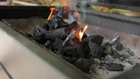 Close-up-of-barbecue-charcoal-embers-on-fire