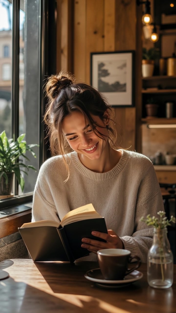 Giovane donna che legge un libro e sorseggia un caffè vicino a una finestra in un accogliente caffè