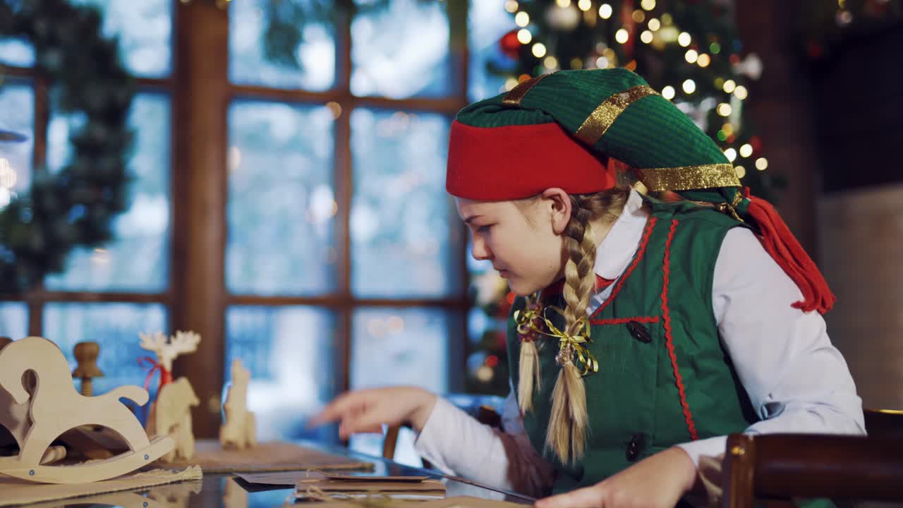 Funny elf in a green suit sitting at the table and comparing two envelopes, then looking thoughtfully and taking it in her hands on the background of wooden toys and New Year's decor