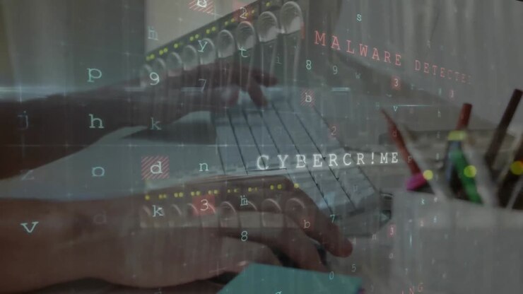 Animation of cyber attack warning over man using computer