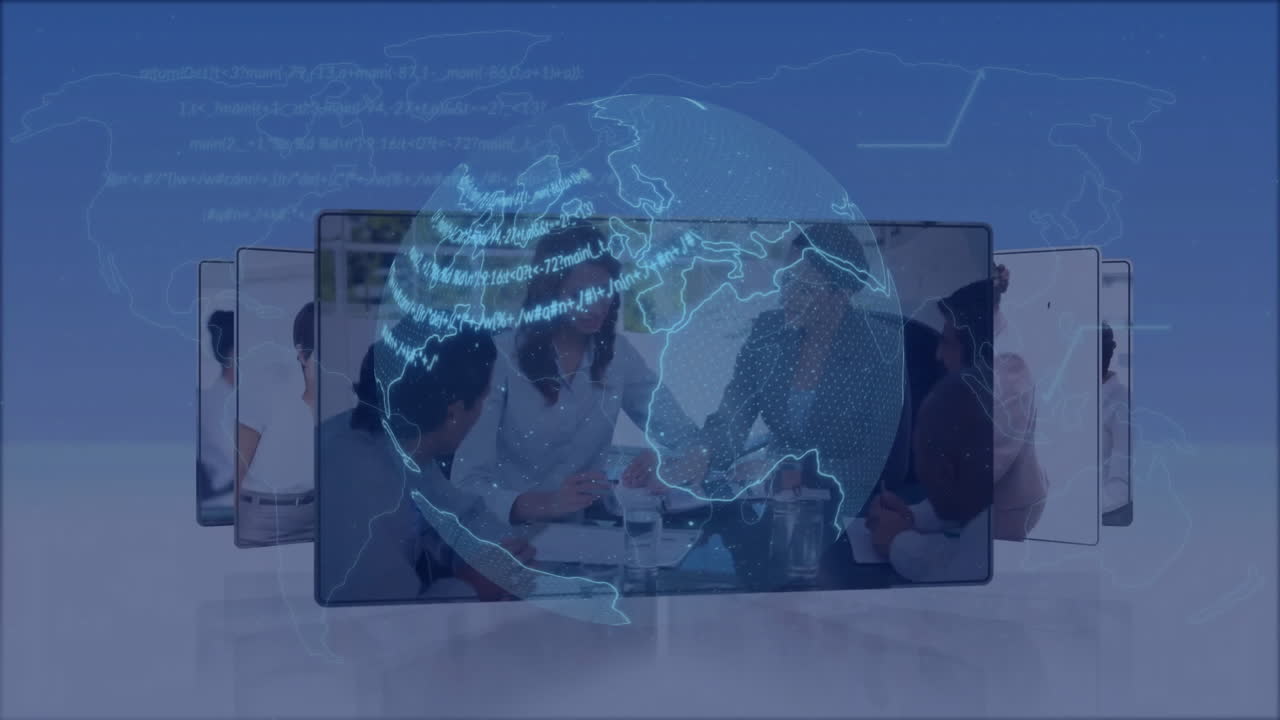 animación de la red de datos global sobre la reunión de negocios en la oficina