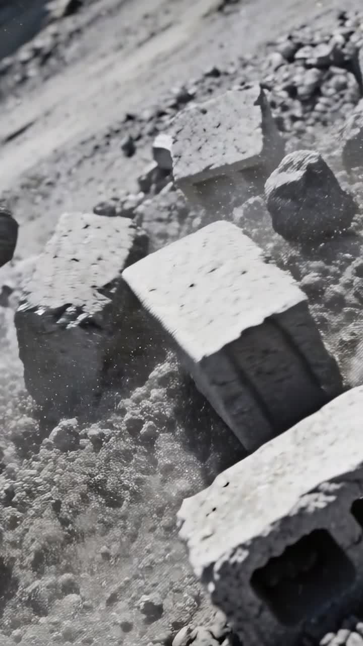 Video verticale: Un pezzo che cade colpisce blocchi di cemento, sollevando polvere e ghiaia che rotolano tra le macerie.