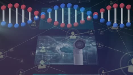 Animation-Des-Spinnens-Eines-DNA-Strangs-Mit-Medizinischer-Datenverarbeitung-Auf-Bildschirmen,-Netzwerk-Von-Verbindungen