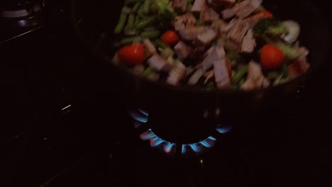 Making-dinner-with-vegetables-and-meat-Carrots,-Broccoli,-Mushrooms,-legumes-and-pork-Tenderloin-Mouthwatering-but-still-thinking-of-your-cooking-health