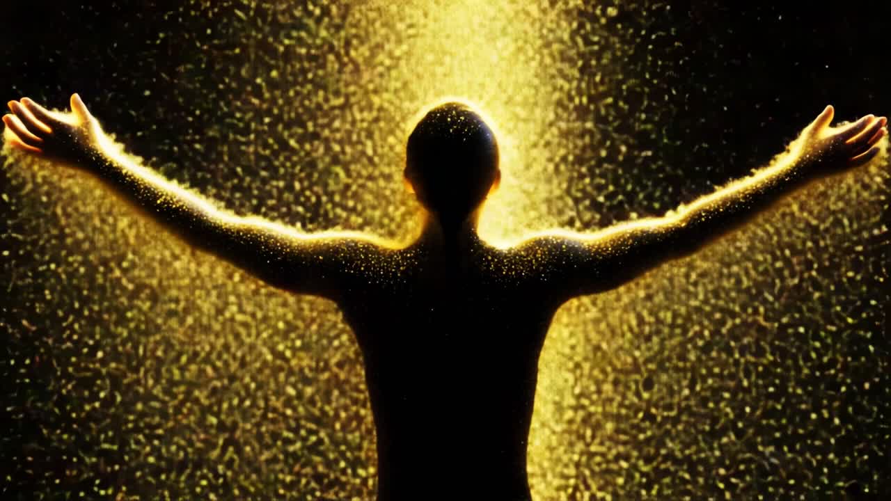 A mesmerizing display of golden particles cascading around a silhouette, embodying the essence of freedom and celebration, with arms outstretched against a dark backdrop, creating a stunning ethereal scene