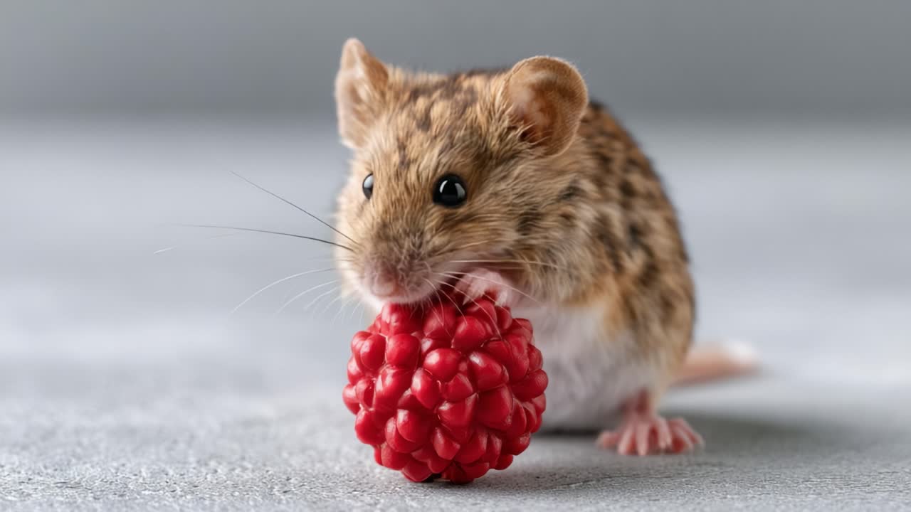 Un simpatico topo maculato che gioca con lamponi succosi in un ambiente illuminato delicatamente, mettendo in mostra la sua natura curiosa e l'affetto per le prelibatezze gustose.