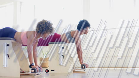 exercising on fitness equipment, women with geometric lines animation in background