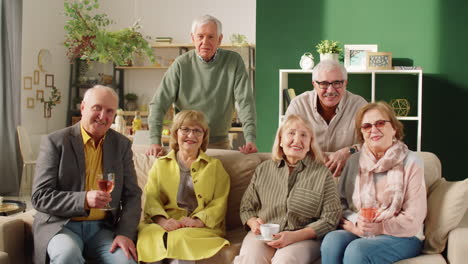 portrait of happy senior friends with drinks at home party