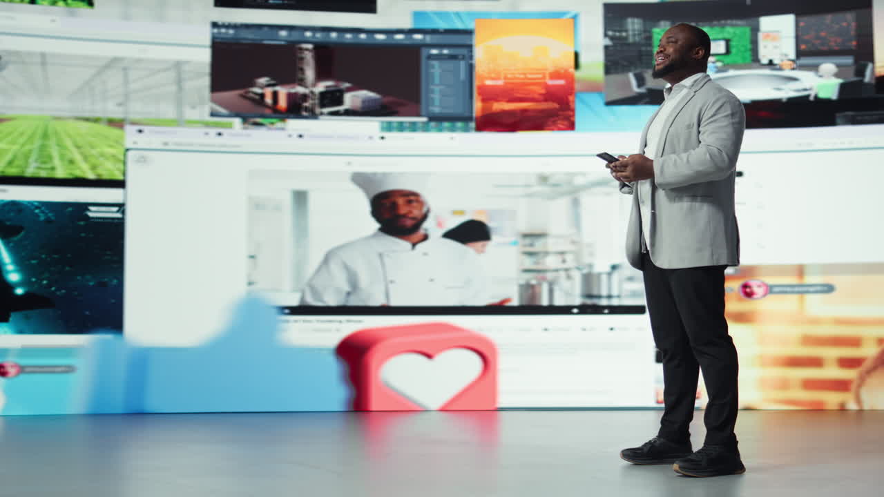 Vertical video Smiling man using phone surrounded by video recommendations