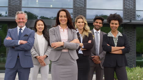 retrato de un equipo de negocios multicultural sonriente fuera de un moderno edificio de oficinas