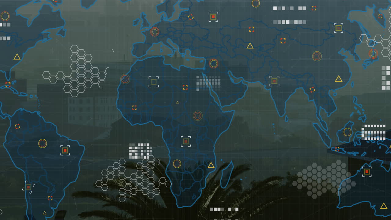 Animation of circuit board pattern on map over aerial view of fog covered modern city