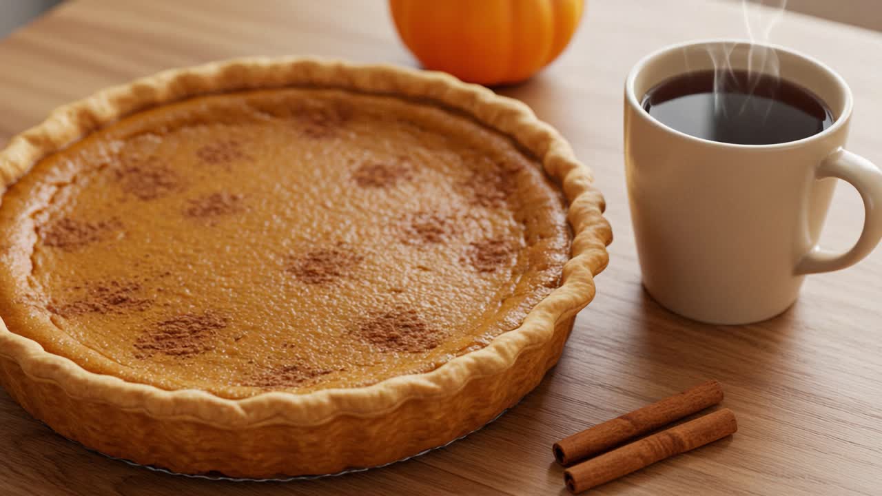 Pumpkin Pie with Coffee and Cinnamon Sticks on a Wooden Table
