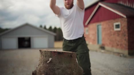 man chopping wood using axe - close up