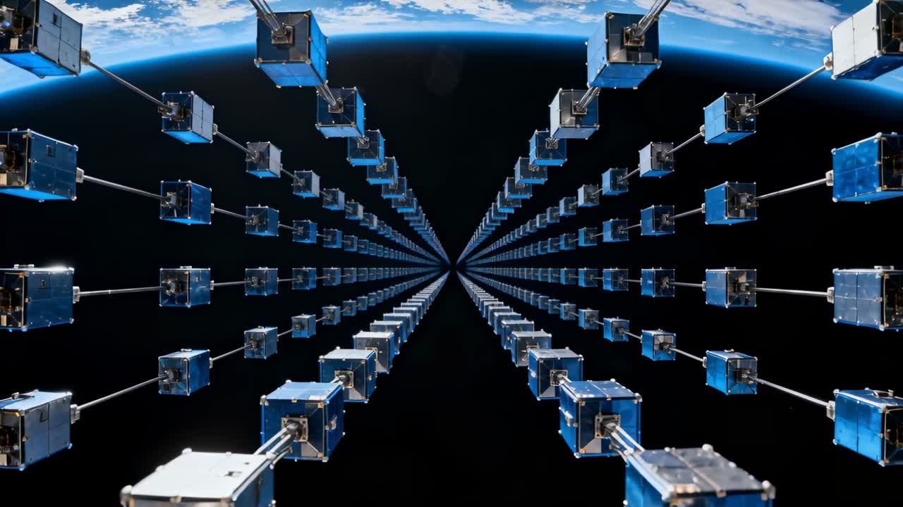 Starting vehicle cam moving surveying CubeSat array on booms advancing centerward above Earth limb