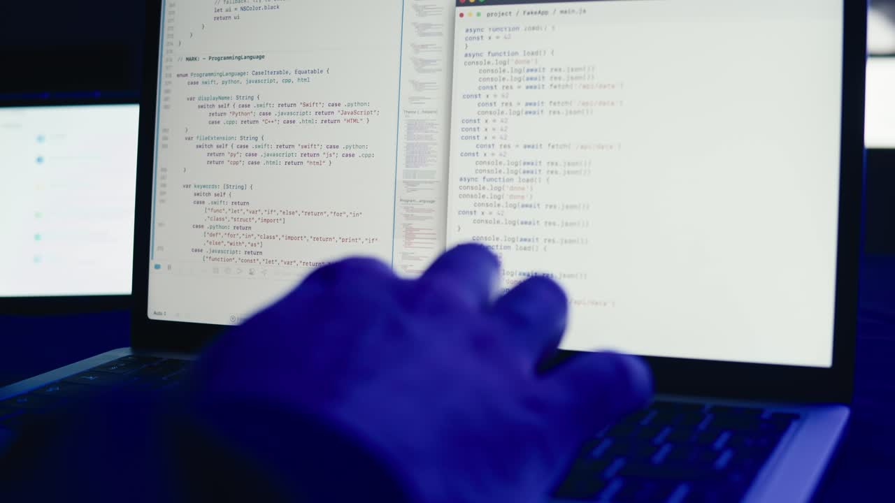 Programmerere som jobber på laptop og skriver kode i et mørkt rom
