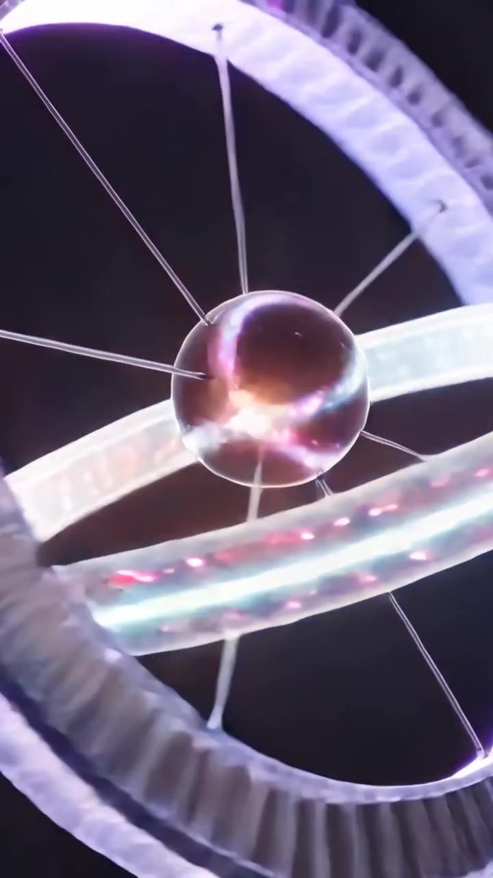 Vertical video: Camera pulling back, rotating rings showing pulsing LEDs, central orb in void