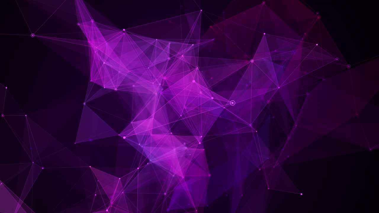 Blue purple polygonal plexus background. Abstract futuristic 3d loop animation lines and points. Glow particle motion.