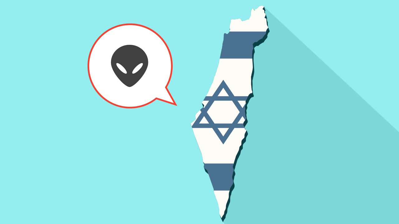 Animation of a long shadow Israel map with its flag and a comic balloon with alien face
