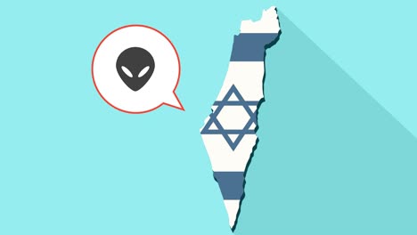 animation of a long shadow israel map with its flag and a comic balloon with alien face