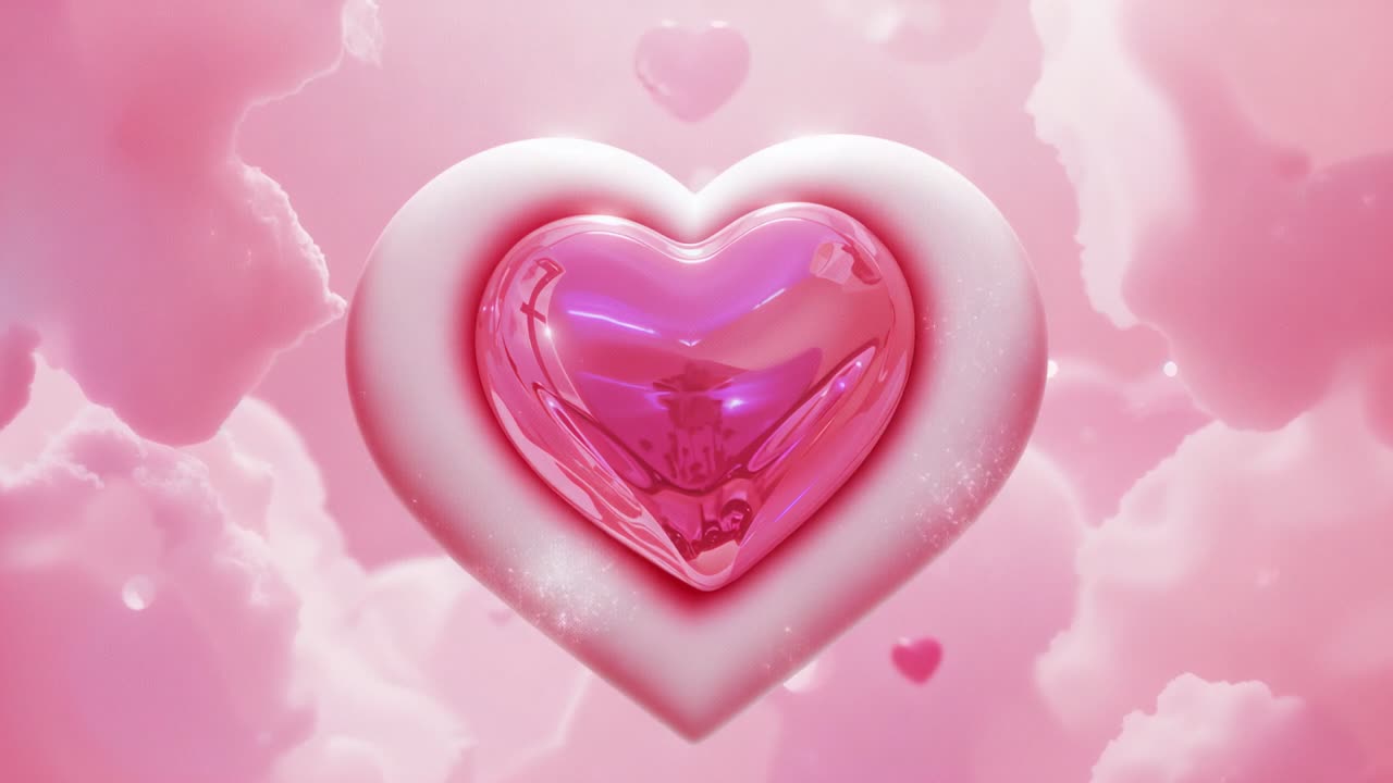 Floating metallic pink heart amid pink clouds, expanding white heart outline embracing heart