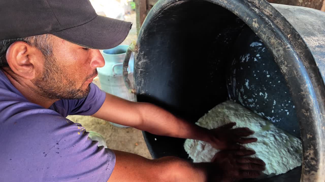 Medium shot hands using a pink strainer to separate whey from buffalo cheese curd. Documents traditional food processing