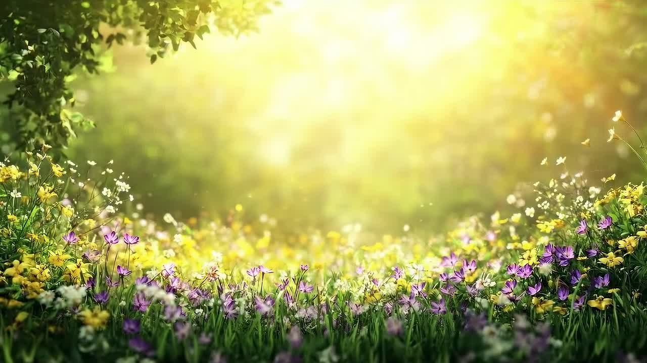 A serene video scene of a sunlit meadow with vibrant flowers, captured from a low angle
