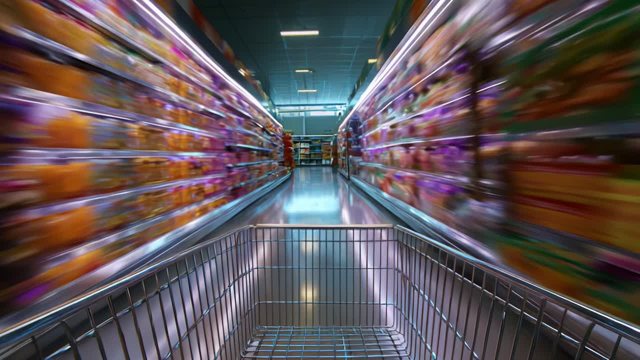 Dynamic Shopping Experience: Capturing the Essence of a Busy Supermarket Aisle with a Shopping Cart at the Forefront, Highlighting Colorful Products and Fast-Paced Movement in a Modern Retail Environment