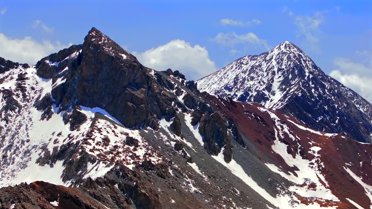 Mt Mount Lindsey 14er North Ridge trail Blanca Peak Sangre De Cristo Range aerial drone Colorado spring summer snow fields melting morning blue sky clouds Rocky Mountains summit parallax left motion