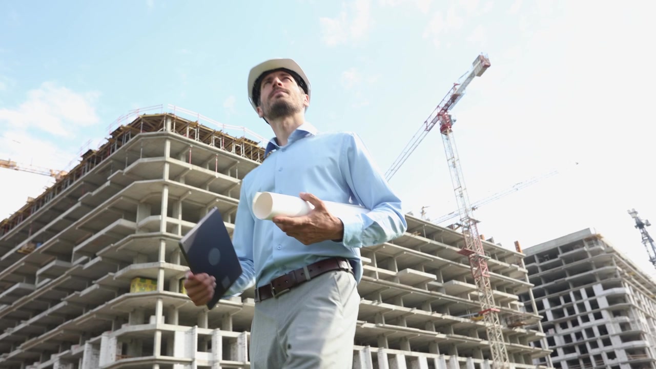 Ingeniero con casco inspeccionando obra con tableta y planos