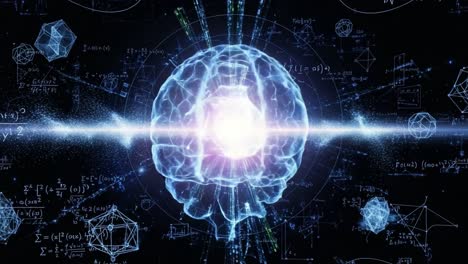 a stunning visualization of a complex neural network represented by geometric patterns and mathematical equations radiating energy in a cosmic setting