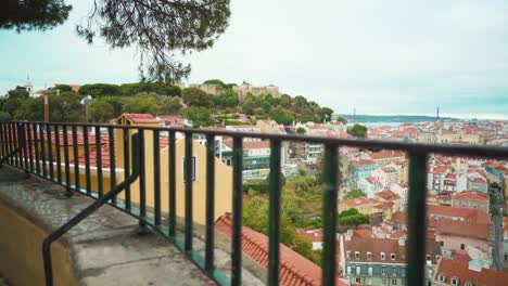 mirador de la colina de lisboa a través de vallas a techos, castillo y río