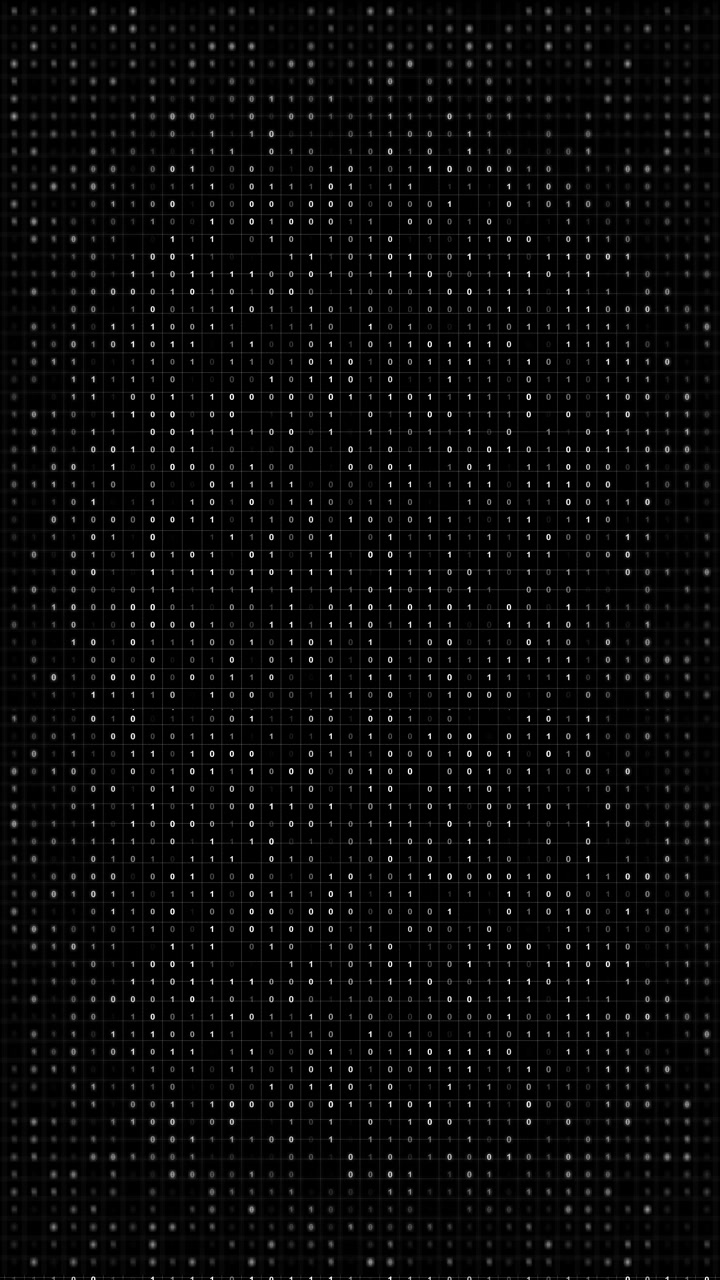 Dark digital binary data screen glowing white numbers grid rows and cyber matrix texture coding