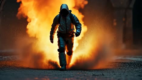 fiery explosion envelops figure in protective gear walking down street