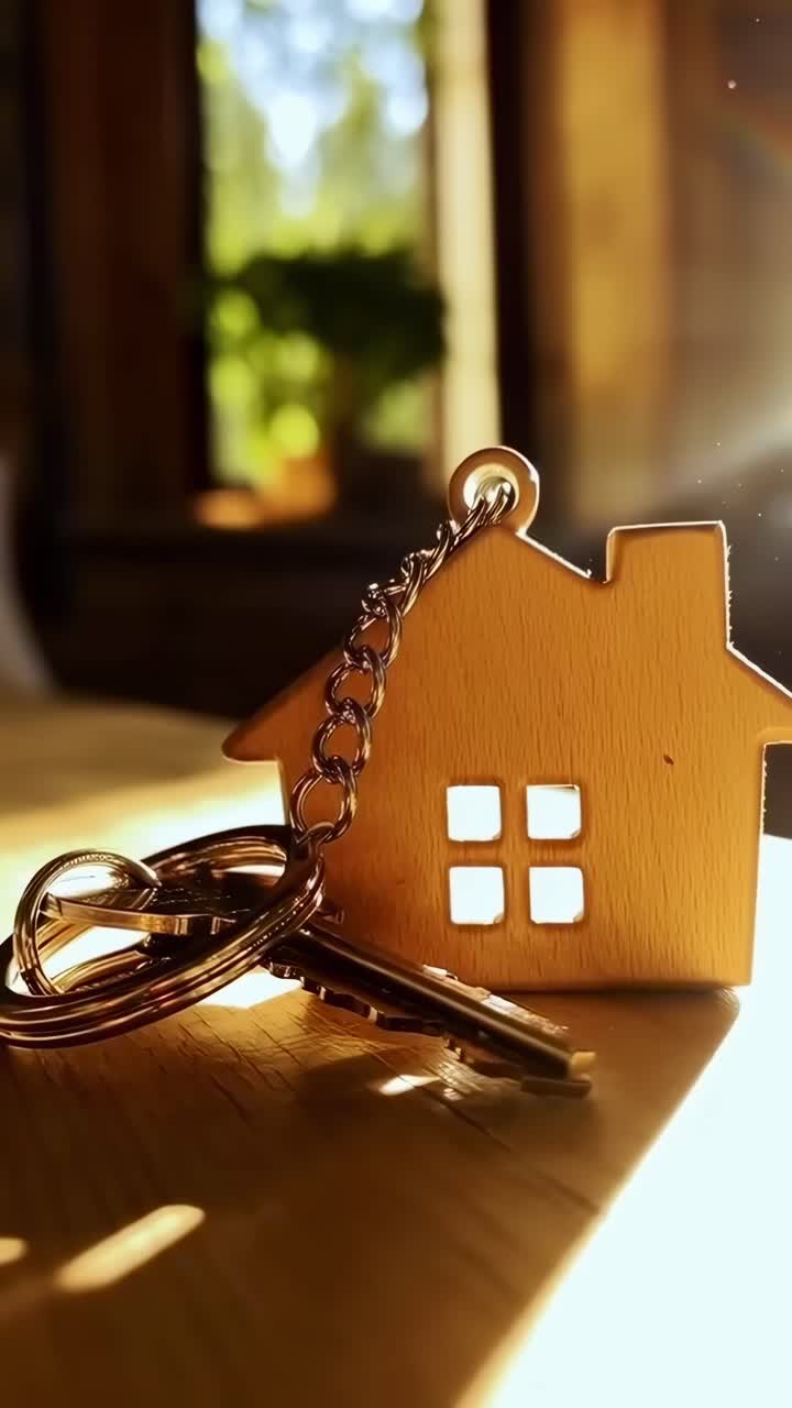 Primo piano, illuminazione calda di portachiavi a forma di casa su tavolo, luce del sole che filtra.