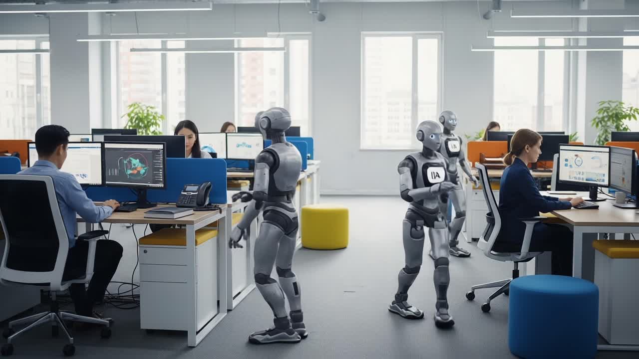 A Futuristic Office Environment Where Human Employees Collaborate Seamlessly with Advanced Robots in a Dynamic Workspace Filled with Technology and Innovation