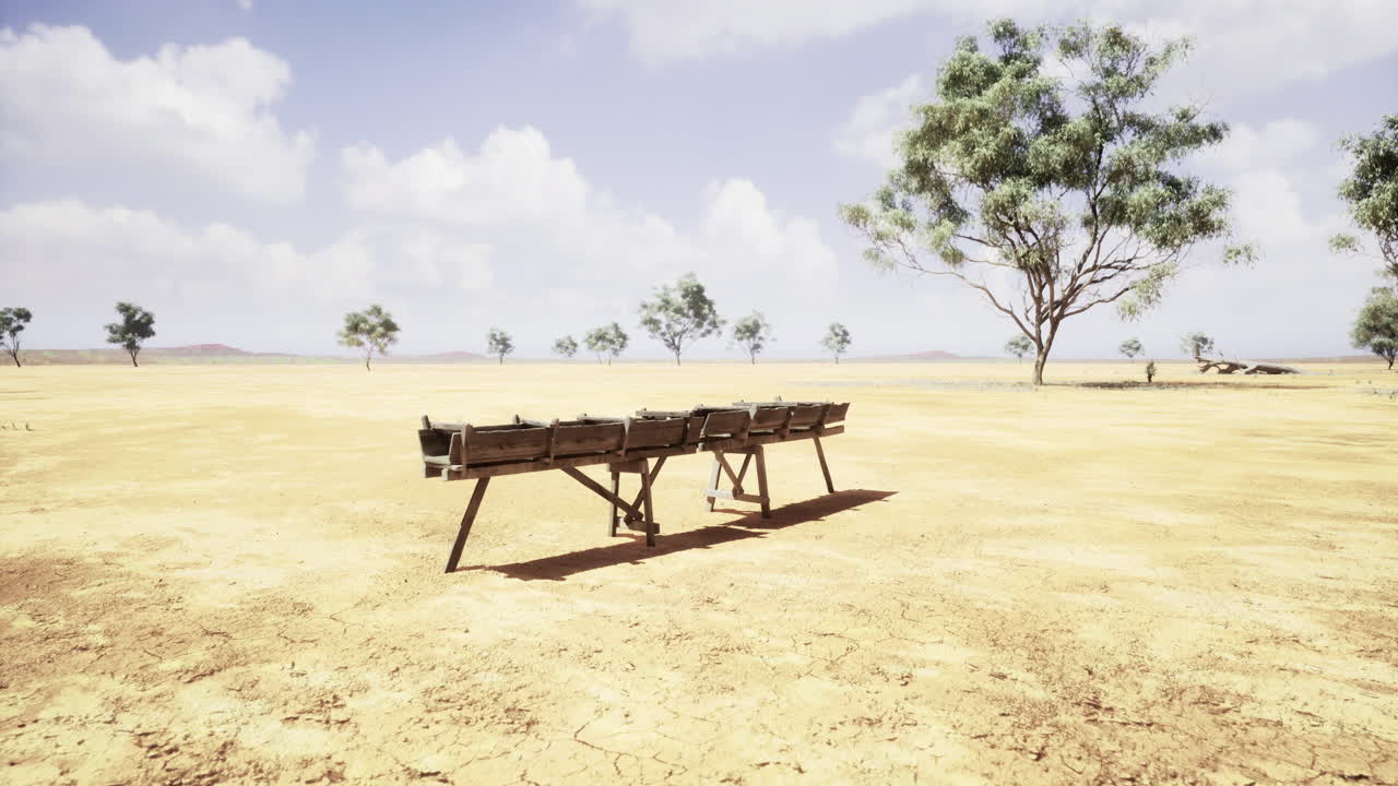 Desolate landscape with wooden bench under a wide blue sky at midday