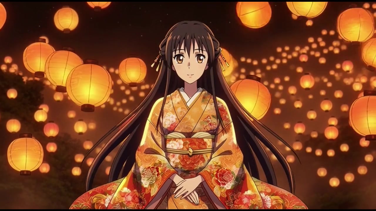 Ragazza Anime in Kimono Tradizionale Circondata da Lanterne Galleggianti
